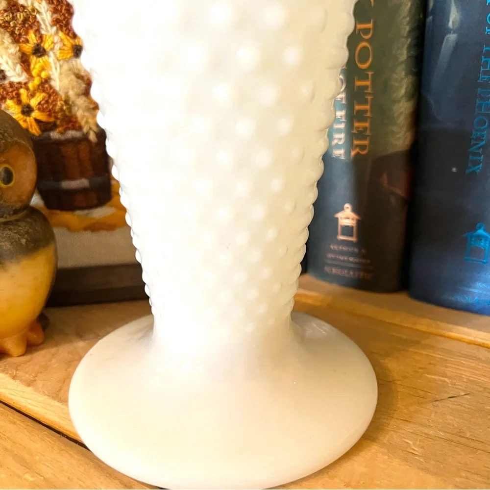 Vintage Fire King Dots and Dash 9” Tall Milkglass Vase- Mid Century Mod
